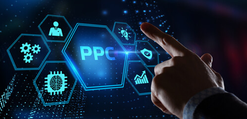 Pay per click payment technology digital marketing internet concept of virtual screen. PPC - obrazy, fototapety, plakaty