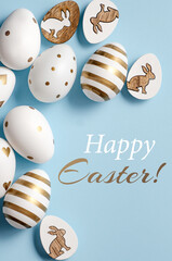 Happy Easter card with white and golden eggs on blue background