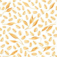 Oat pattern. Vector oatmeal illustration. Cereal grain seamless background. Isolated muesli drawing. Spelt wheat plant pattern. Porridge, flakes or granola with milk design. Natural oat meal wallpaper