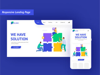 Responsive Landing Page Design With Business People Working Together And Jigsaw Puzzles For Solution Or Project Work Concept.