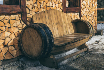 Countryside village brewery courtyard and wooden lounge bench