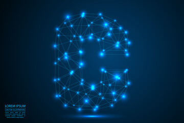 Abstract letters font is made up of triangles, lines, dots and connections. On a dark blue background, stars of the cosmic universe, meteorites, galaxies. Vector illustration eps 10.