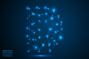 Abstract letters font is made up of triangles, lines, dots and connections. On a dark blue background, stars of the cosmic universe, meteorites, galaxies. Vector illustration eps 10.