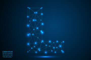 Abstract letters font is made up of triangles, lines, dots and connections. On a dark blue background, stars of the cosmic universe, meteorites, galaxies. Vector illustration eps 10.