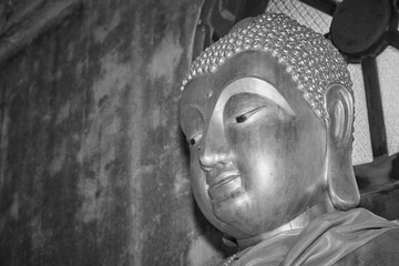 Phayao, Thailand - Dec 20, 2020: Headshot Black and White Front Left Gold Buddha Statue in Chinese Temple at Wat Analayo Temple