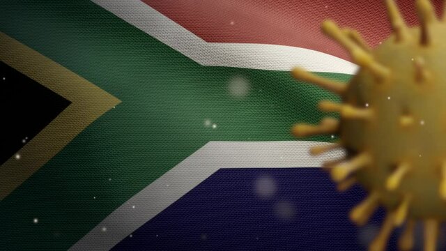 3D illustration Flu coronavirus floating over African RSA flag. South Africa banner waving with pandemic of Covid19 virus infection concept. Real fabric texture ensign-Dan