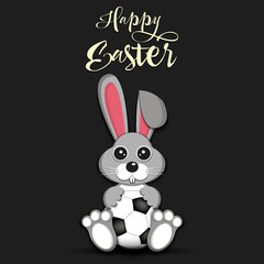 Happy Easter. Easter Rabbit with soccer ball on an isolated background. Pattern for greeting card, banner, poster, invitation. Vector illustration