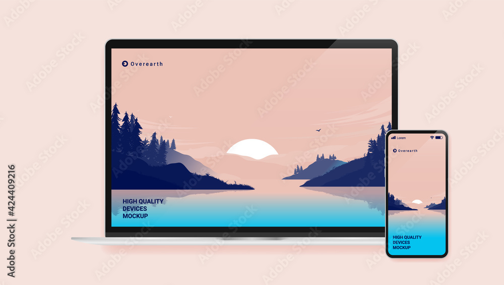 Poster devices mockup with laptop and smartphone - computer and phone with placeholder wallpaper of nature 