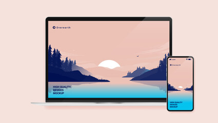Devices mockup with laptop and smartphone - Computer and phone with placeholder wallpaper of nature and fictional text and brand. Vector illustration. - obrazy, fototapety, plakaty