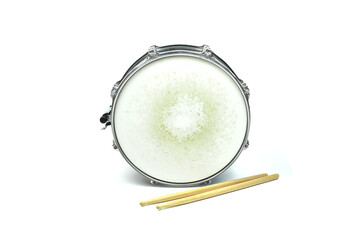 snare with drumstick on white background