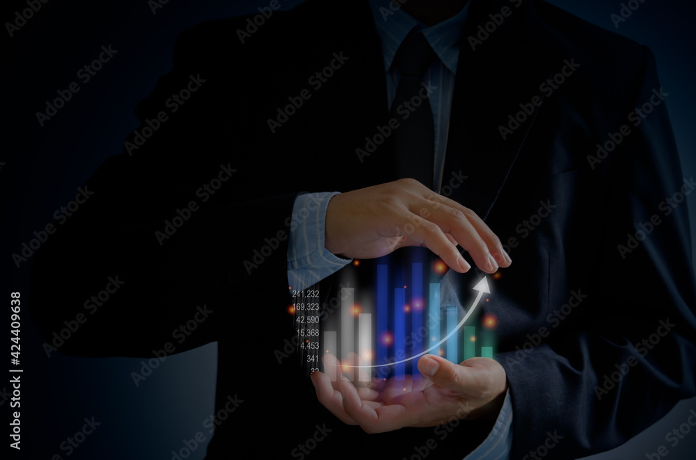 Poster businessman hands analysis growth graph and pressing graph button on virtual screens,business concep