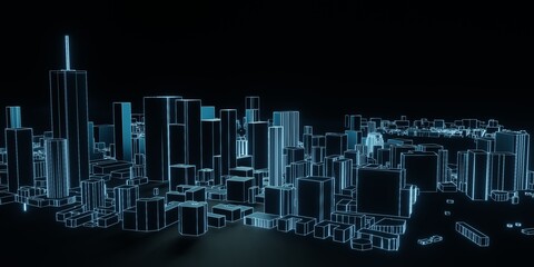 Abstract city 3d rendering background. Modern cityscape in neon lights. retrowave and cyberpunk style