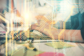 Double exposure of woman hands working on computer and world map hologram drawing. International technology business concept.