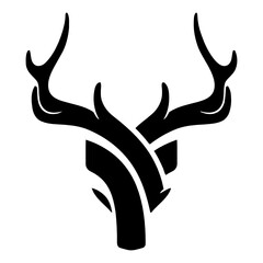 Black vector silhouette of deer's head with antlers isolated on white background