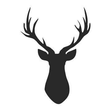 Black vector silhouette of deer's head with antlers isolated on white background