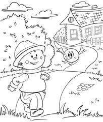 Coloring pages with funny elf chef. Line art design for adults or children coloring in doodle style.