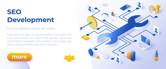 SEO DEVELOPMENT - Isometric Design in Trendy Colors Isometrical Icons on Blue Background. Banner Layout Template for Website Development