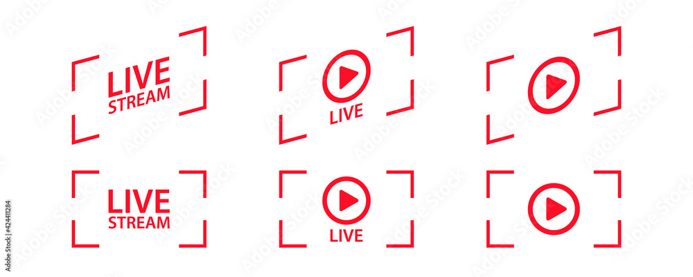 Poster Live streaming signs. Set of red symbols and buttons of live streaming, broadcasting, online stream and live performances. Vector illustration.
