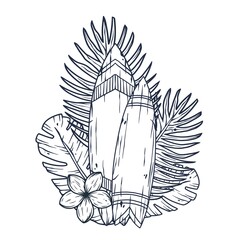 Design of trendy hawaii surf for tiki bar. Traditional ethnic surfing of hawaiian, maori or polynesian. Old tribal board