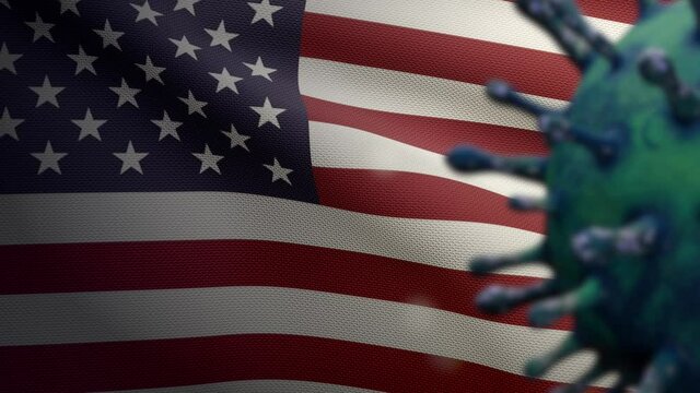 3D illustration Flu coronavirus floating over American flag. USA banner waving with pandemic of Covid19 virus infection concept. Close up of real fabric texture ensign-Dan