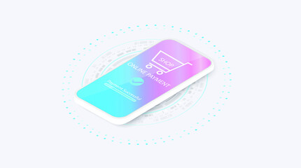 Smartphone payment technology.Neomorphism Isometric mobile phone and internet banking.