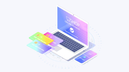 Smartphone payment technology.Neomorphism Isometric mobile phone and internet banking.