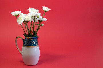 Fresh white flowers in green milk jug on bright red background close up