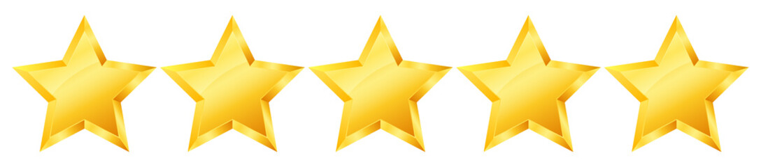 Five 5 star rank sign. Glossy golden star sticker icon rating isolated on white background. 3d five gold stars achievement symbol. Vector isolated illustration EPS10