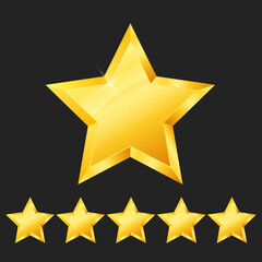 Five 5 star rank sign. Glossy golden star sticker icon rating isolated on black background. 3d five gold stars achievement symbol. Vector illustration EPS10