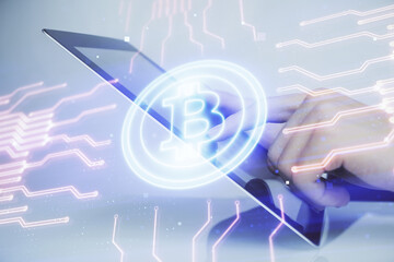 Double exposure of man's hands holding and using a phone and crypto currency blockchain theme drawing.