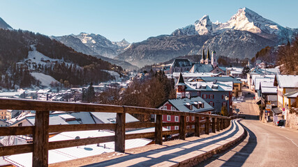 Beautiful winter view of Berchtesgaden center with the famous Watzmann summit in the background on a sunny day at Berchtesgaden, Bavaria, Germany