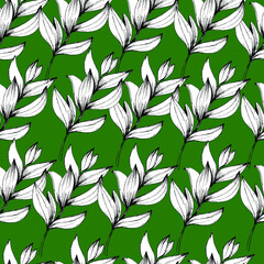 Pattern with tropical leaves at different angles, home green plants, palms. manual graphics. Botanical flower, pencil, plant element for textile decor and wallpaper. isolated stock art