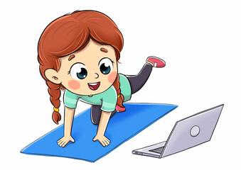 Drawing of a girl doing gymnastics watching online videos on the computer - 424414498