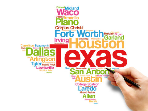 List of cities in Texas USA state in shape of word cloud map