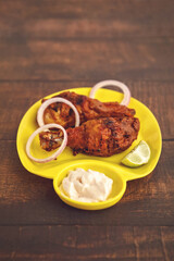  Delicious spicy Chicken Kabab Indian food on wooden table