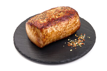 Pork roast, spicy glazed meat, isolated on white background. High resolution image