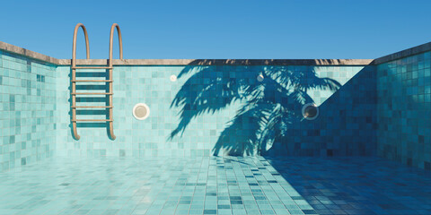 empty swimming pool with rusty stairs and tile floor - obrazy, fototapety, plakaty