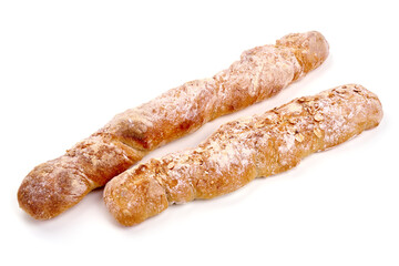 Freshly baked baguette, Italian bread, isolated on white background. High resolution image