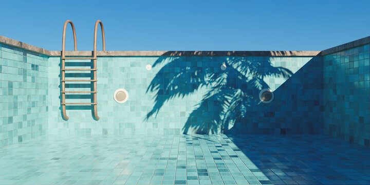 empty swimming pool with rusty stairs and tile floor