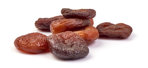 Dried apricots fruit, close-up, isolated on white background.