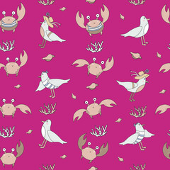 Marine seamless pattern. Cute funny crabs and seabirds seagulls, corals and shells on a bright pink background. Vector. For design and printing, packaging, textiles, wallpaper and decor