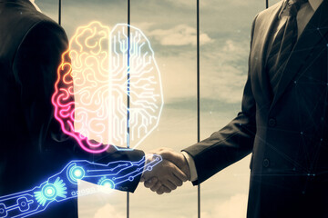 Fototapeta na wymiar Double exposure of brain hologram and handshake of two men. Partnership in IT industry concept.