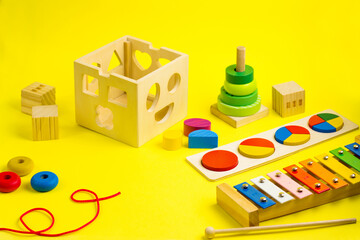 Ecologic Wooden colorful stacking toy, blocks, puzzle, xylophone and lacing. Games for kids