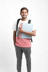 College Boy holding with file in hand on white background.