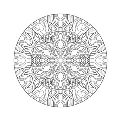 Decorative round mandala with floral patterns on a white isolated background. For coloring book pages.