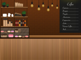 Coffee shop design. Vector flat cartoon illustration. Cozy vector illustration.