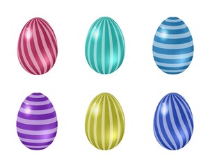 Set of realistic easter eggs, bright colored eggs with striped ornament. 3d glossy elements for festive decoration