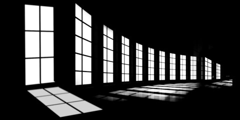 Abstract large room with numerous windows. Light and shadow effect