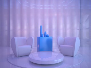 Futuristic interior design. Comfortable living room. Technologies of the future made of plastic. 3D illustration