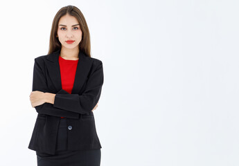 Obraz premium Portrait of cute mature businesswoman wearing black suit posing in professional confident with arms crossed, studio shot isolated on white background with copy space